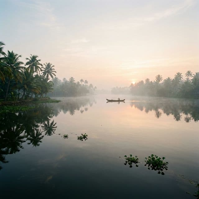 Morning mist rising over Kerala backwaters with traditional houseboat anchored near palm trees