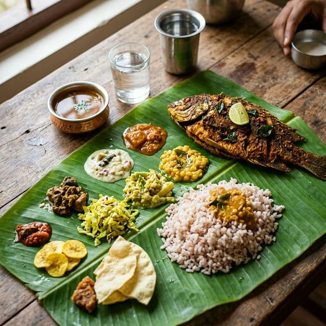 Traditional Kerala fish curry meal served on a banana leaf aboard a houseboat