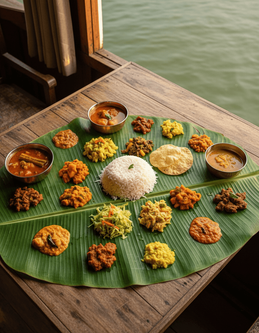 Traditional Kerala vegetarian sadya feast served on banana leaf