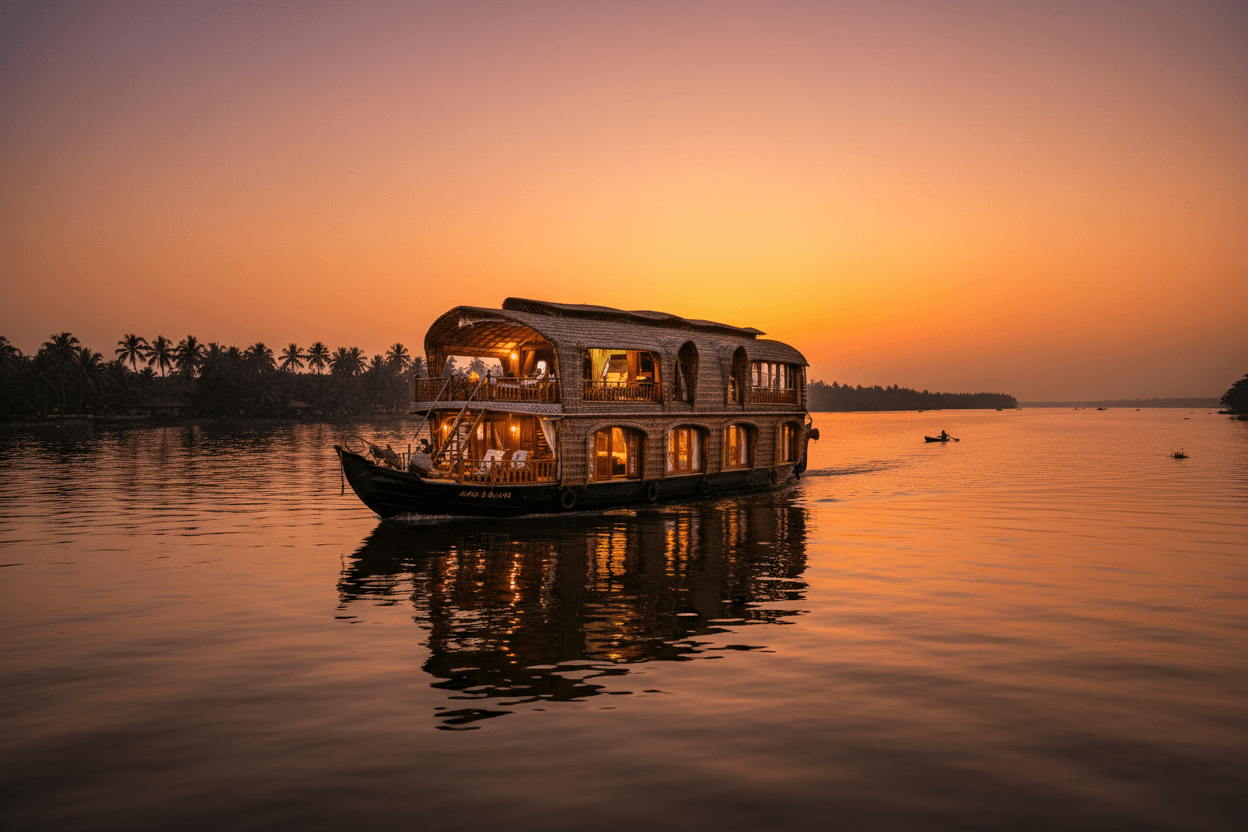 Houseboat illuminated in warm golden evening light on Alappuzha backwaters