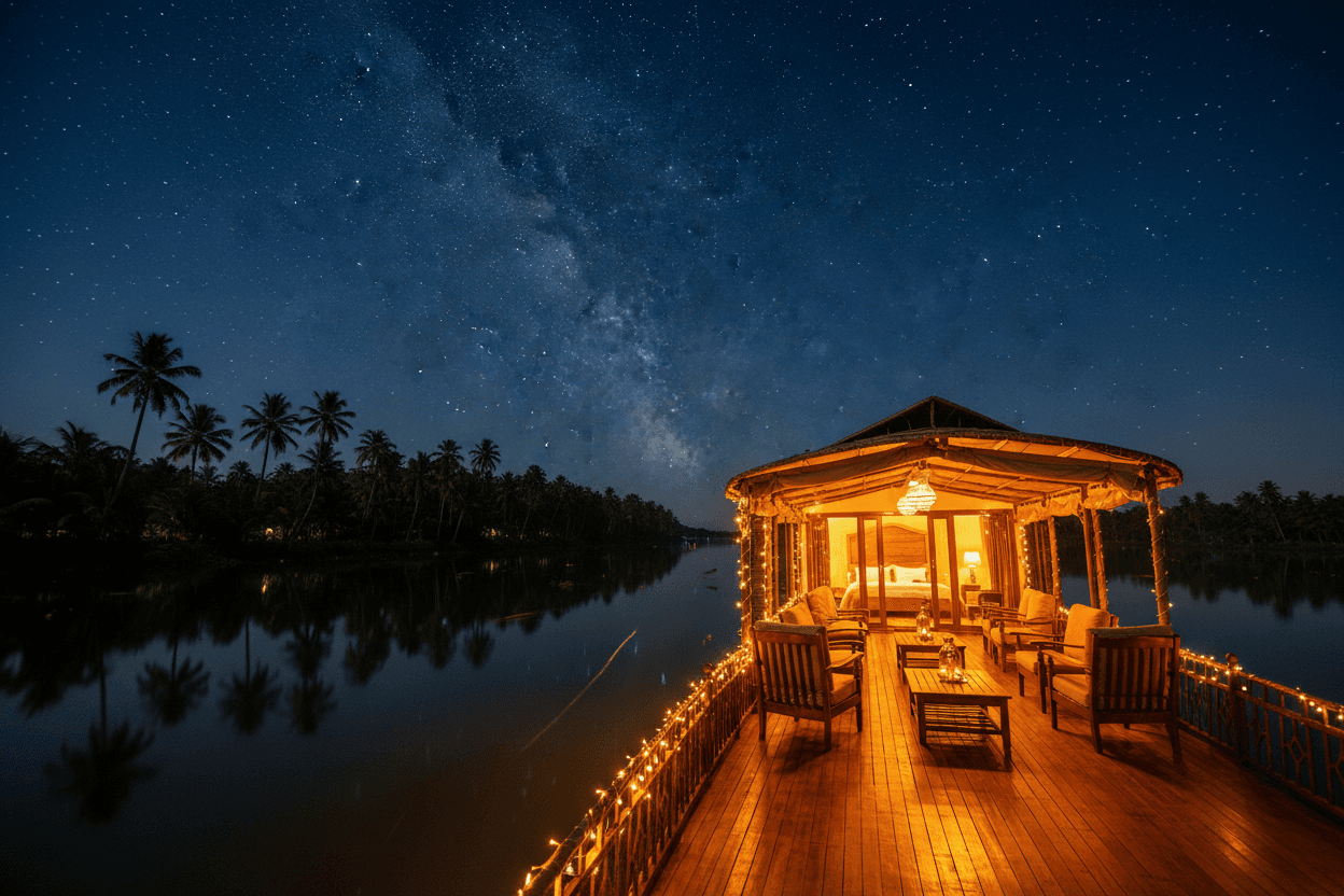 Houseboat anchored under star-filled Kerala night sky with reflections on water