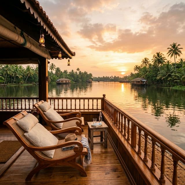 Sunset view from houseboat deck with golden sky reflected on calm Kerala backwaters